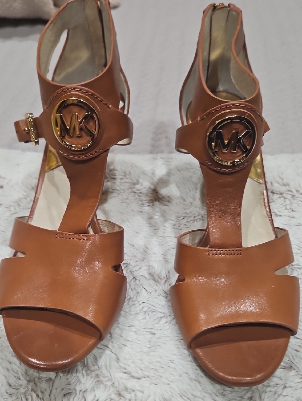 Michael Kors Tan Leather T-Strap Heels with Gold MK Logo
